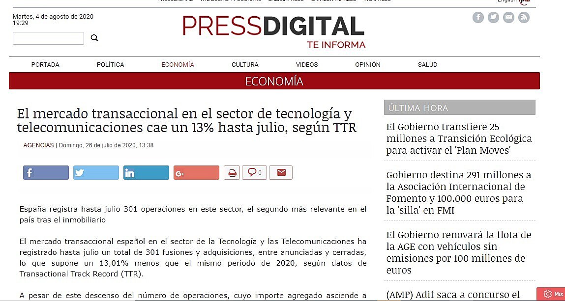 El mercado transaccional en el sector de tecnologa y telecomunicaciones cae un 13% hasta julio, segn TTR